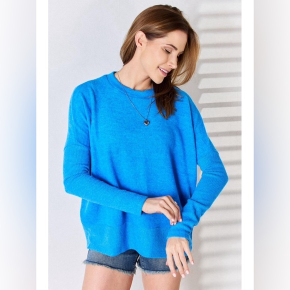 Zenana Ribbed Trim Round Neck Long Sleeve Top XL ocean blue - Picture 5 of 13